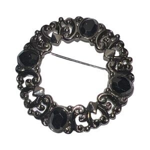 Vintage 1928 Jet Black Faux Crystal Circle Wreath Pin, Brooch
